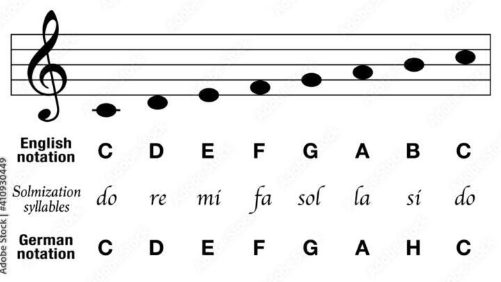 Music notes C major scale, english notation, german notation with ...